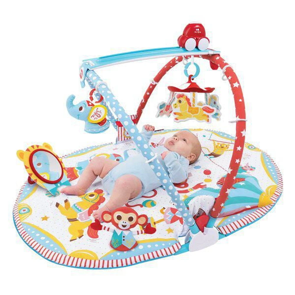 Yookidoo Tapis de jeu pour bébé - Cirque. Avec mobile musical motorisé, coussin pour le ventre, miroir et figurines d'animaux texturés pour nouveau-nés. Activité pour bébé de 0 à 12 mois.