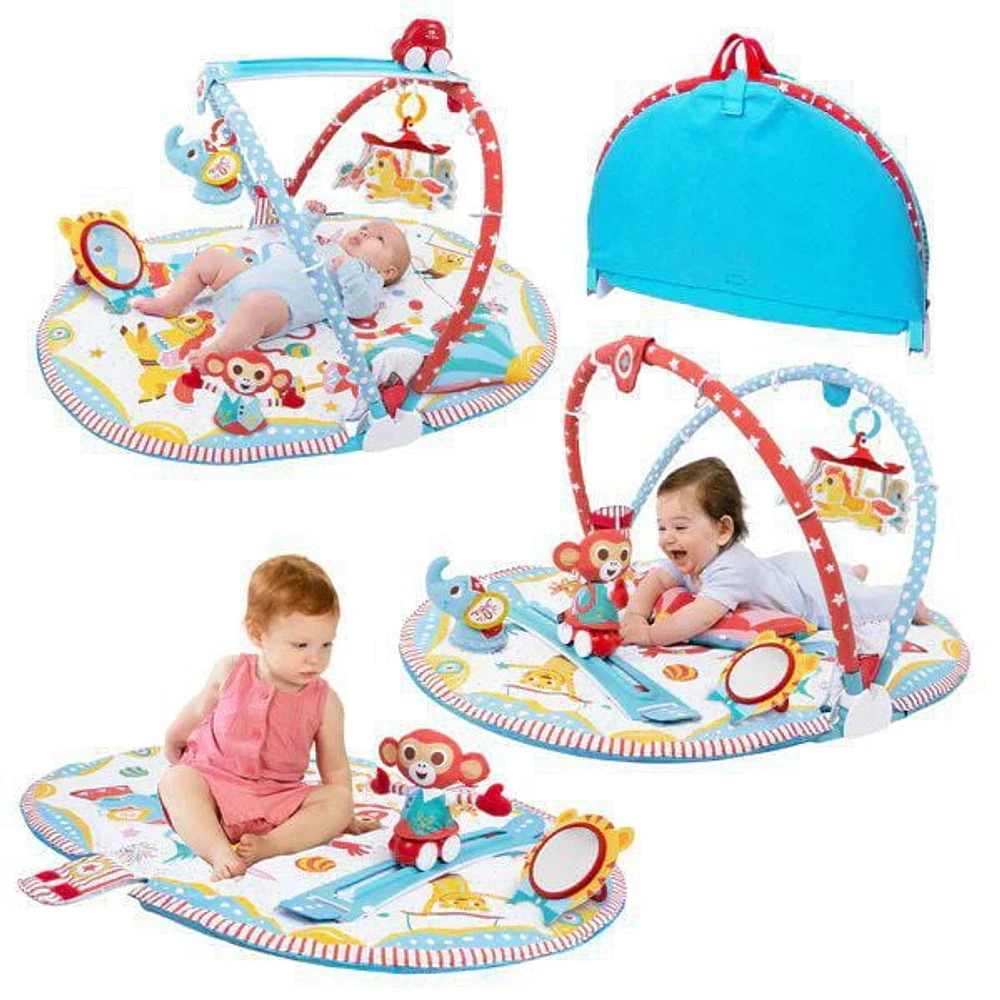 Yookidoo Tapis de jeu pour bébé - Cirque. Avec mobile musical motorisé, coussin pour le ventre, miroir et figurines d'animaux texturés pour nouveau-nés. Activité pour bébé de 0 à 12 mois.