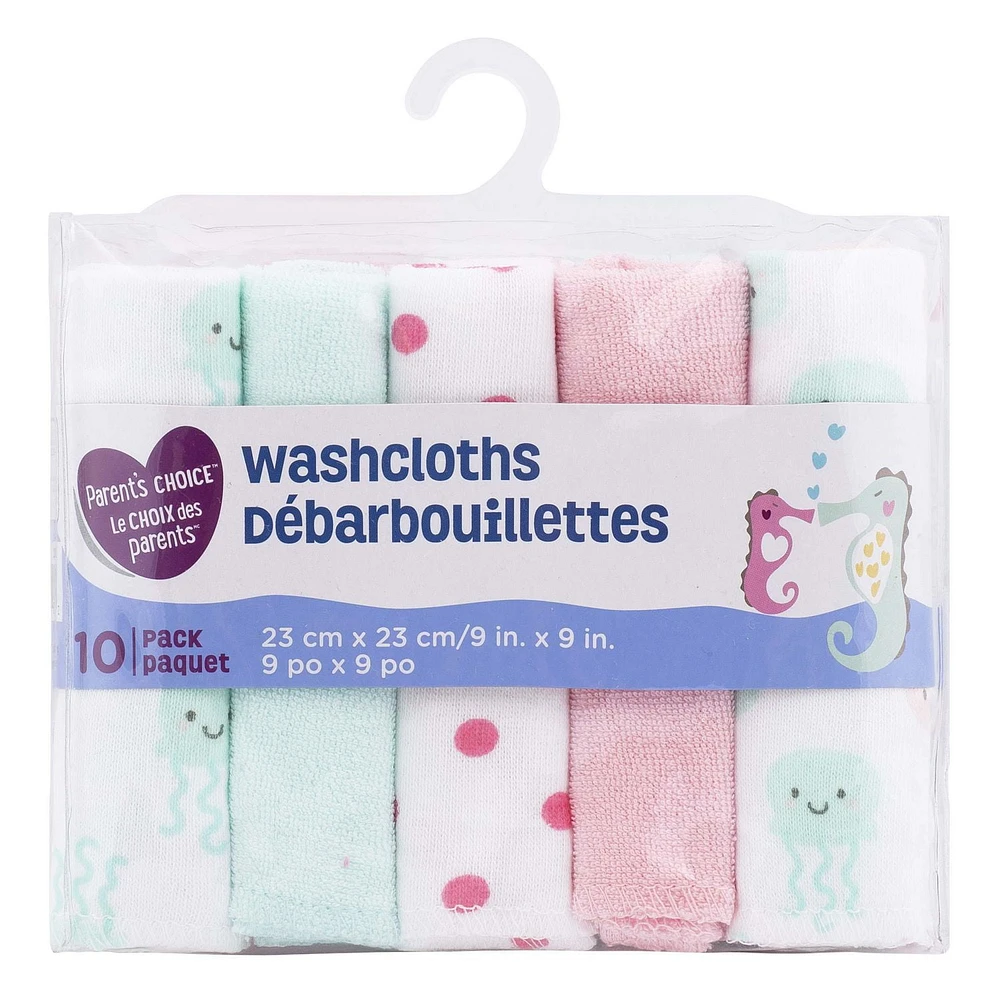 Parent’s Choice Washcloths, Girls, Pack of 10, 9 x 9 in