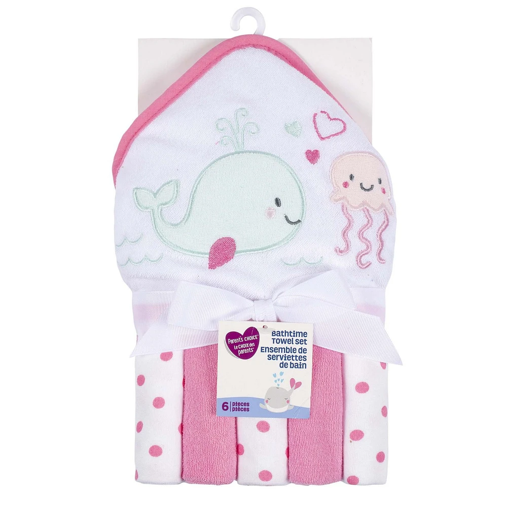 Parent’s Choice Hooded Towel And 5 Washcloths Set, Girl, 6 Pieces