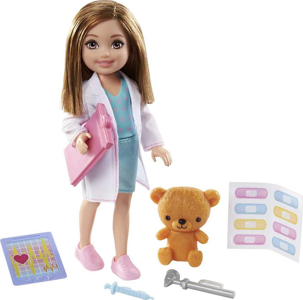 Barbie Chelsea Can Be Playset with Brunette Chelsea Doctor Doll (6-in/15.24-cm), Clipboard, EKG Reader, Band-aid Stickers,2 Medical Tools, Teddy Bear, Great Gift for Ages 3 Years Old & Up