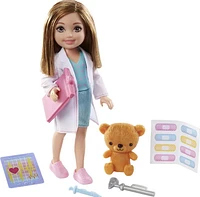 Barbie Chelsea Can Be Playset with Brunette Chelsea Doctor Doll (6-in/15.24-cm), Clipboard, EKG Reader, Band-aid Stickers,2 Medical Tools, Teddy Bear, Great Gift for Ages 3 Years Old & Up