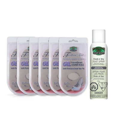 Coussin d'avant-pied en gel Fashion Feet - Bout arrondi (6 PK) et spray pour les pieds (85 g)