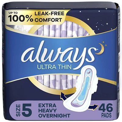 Always Ultra Thin Overnight Pads with Flexi-Wings, Size 5, Extra Heavy Overnight, Unscented