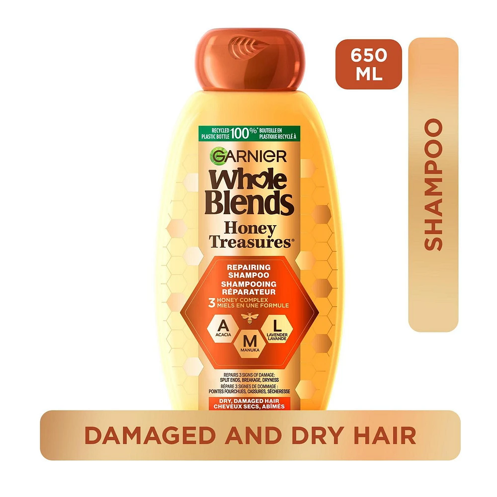 Garnier Whole Blends Honey Treasures Repairing Shampoo for Damaged and Dry Hair, Moisturize & Provide Essential Nutrients for Hair, 650 mL