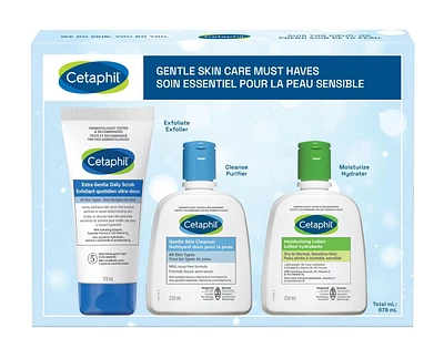 Ensemble-cadeau de soins essentiels doux pour la peau Cetaphil — Ensemble-cadeau de nettoyant doux pour la peau, exfoliant quotidien ultra-doux et lotion hydratante | Idéal pour la peau sensible | Recommandé par les dermatologues Ensemble-cadeau de 3 articles