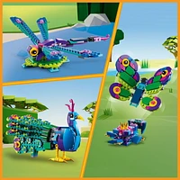 LEGO Creator 3 in 1 Exotic Peacock Toy, Transforms from Peacock to Dragonfly to Butterfly Toy, Play-and-Display Gift Idea for Boys and Girls Ages 7 Years Old and Up, Bird Toy, 31157, Includes 355 Pieces, Ages 7+