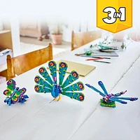 LEGO Creator 3 in 1 Exotic Peacock Toy, Transforms from Peacock to Dragonfly to Butterfly Toy, Play-and-Display Gift Idea for Boys and Girls Ages 7 Years Old and Up, Bird Toy, 31157, Includes 355 Pieces, Ages 7+