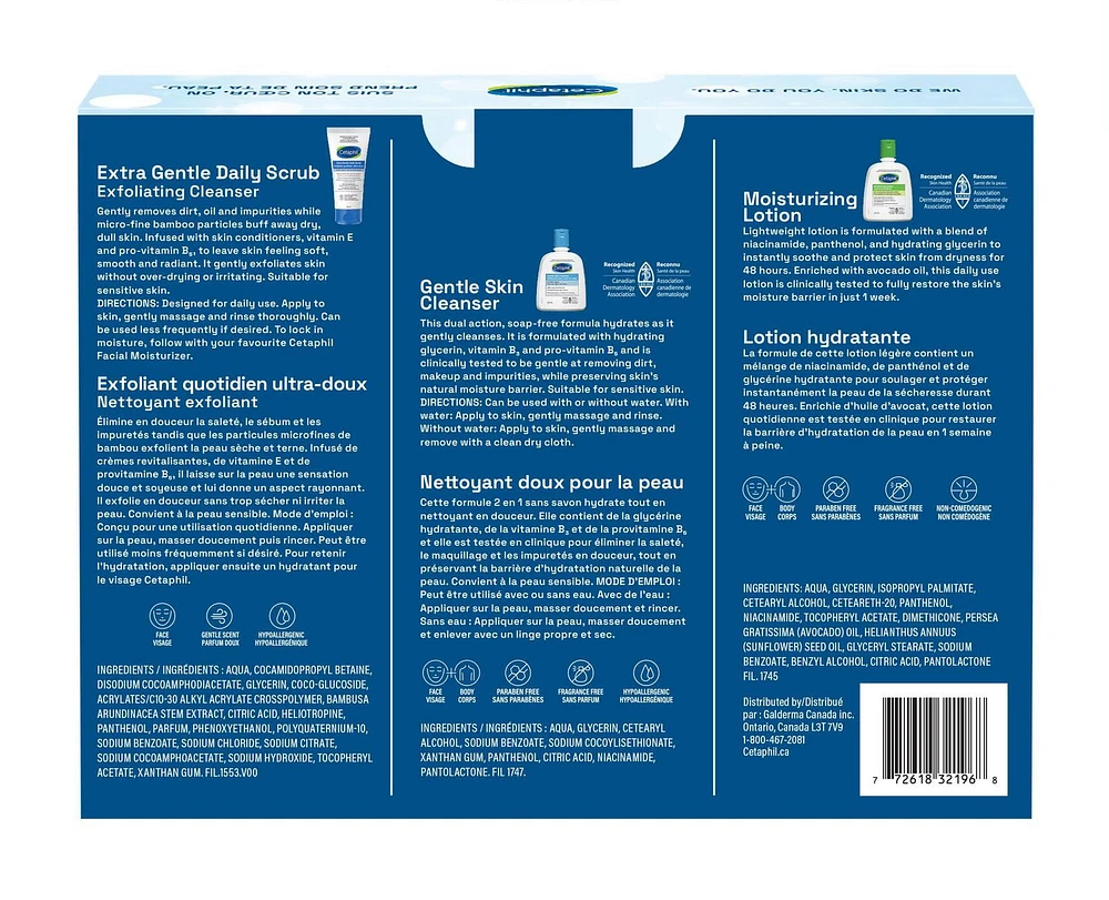 Ensemble-cadeau de soins essentiels doux pour la peau Cetaphil — Ensemble-cadeau de nettoyant doux pour la peau, exfoliant quotidien ultra-doux et lotion hydratante | Idéal pour la peau sensible | Recommandé par les dermatologues Ensemble-cadeau de 3 articles