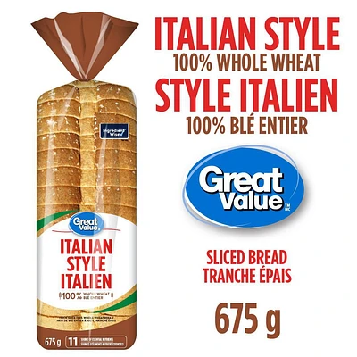 Great Value Italian Style Whole Wheat Bread, 675 g
