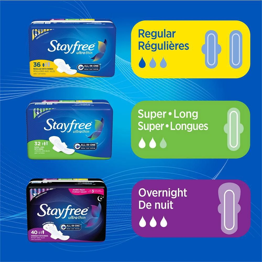 Stayfree® Ultra Thin Overnight Pads with Wings, 28 ultra thin pads