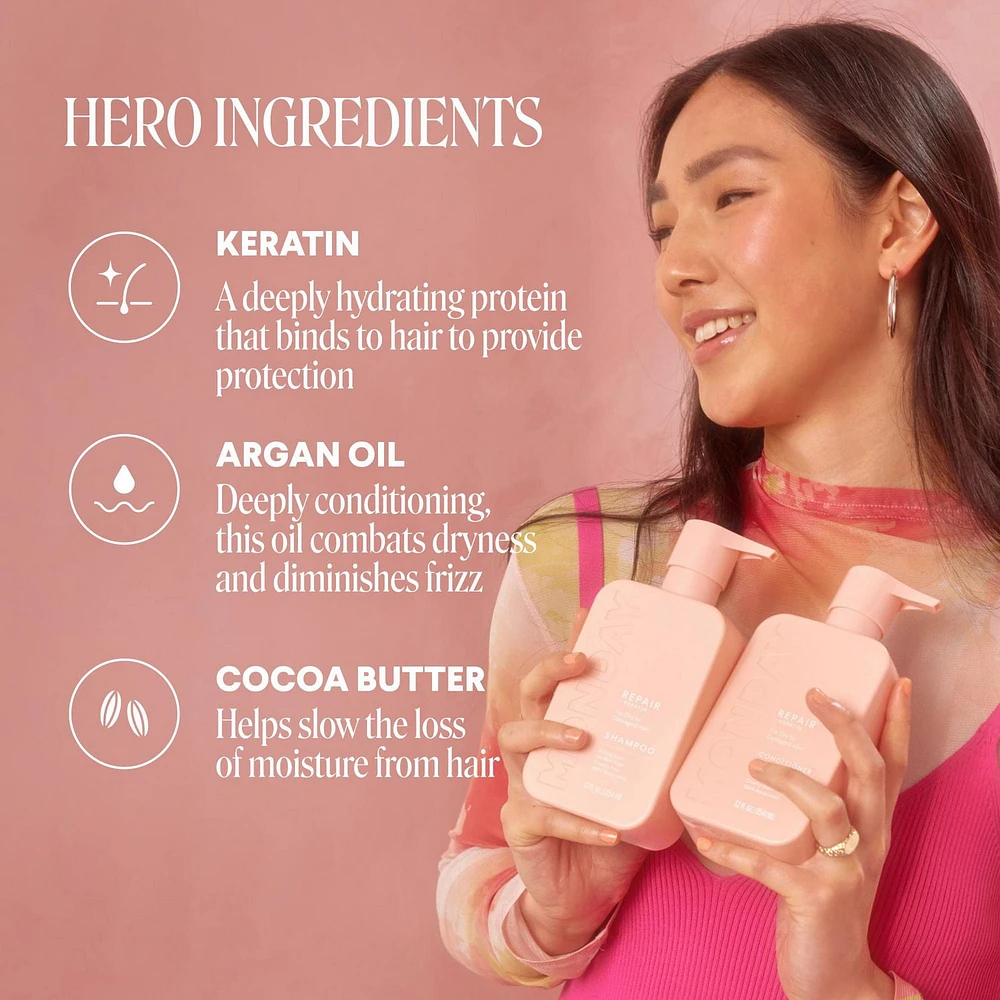 MONDAY Haircare Shampooing réparateur à la kératine, à l'huile d'argan et au beurre de cacao 354mL Pour les cheveux secs, abîmés et épuisés 354 ml Avec Kératine
