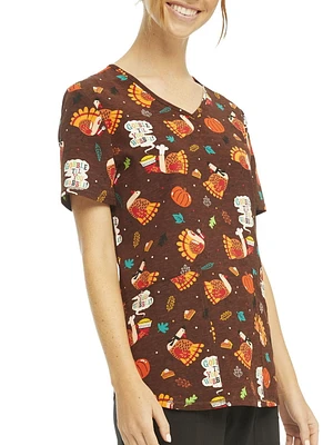 Scrubstar Women's Gobble 'Til You Wobble V-Neck Print Top