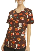 Scrubstar Women's Gobble 'Til You Wobble V-Neck Print Top