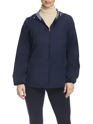 Details Women's Windbreaker With Striped Lining Trim Inside of Hood & Yoke