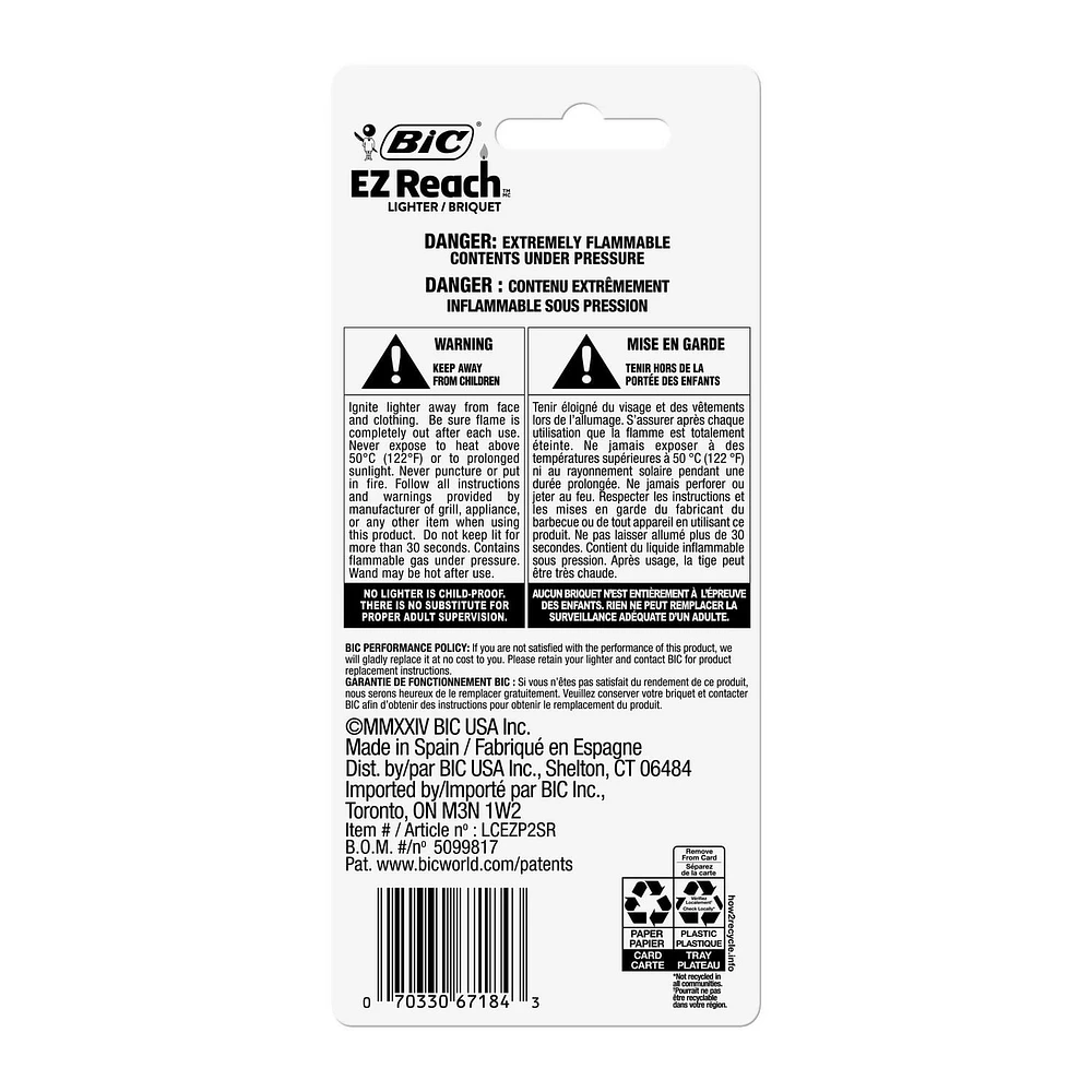 Allume-bougie BIC EZ Reach, le briquet ultime à tige plus longue pour allumer des grils (1,45 pouce), couleurs assorties, paquet de 2 briquets (les couleurs peuvent varier) Paquet de 2 briquets EZ Reach