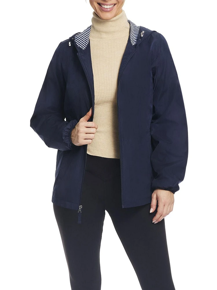 Details Women's Windbreaker With Striped Lining Trim Inside of Hood & Yoke