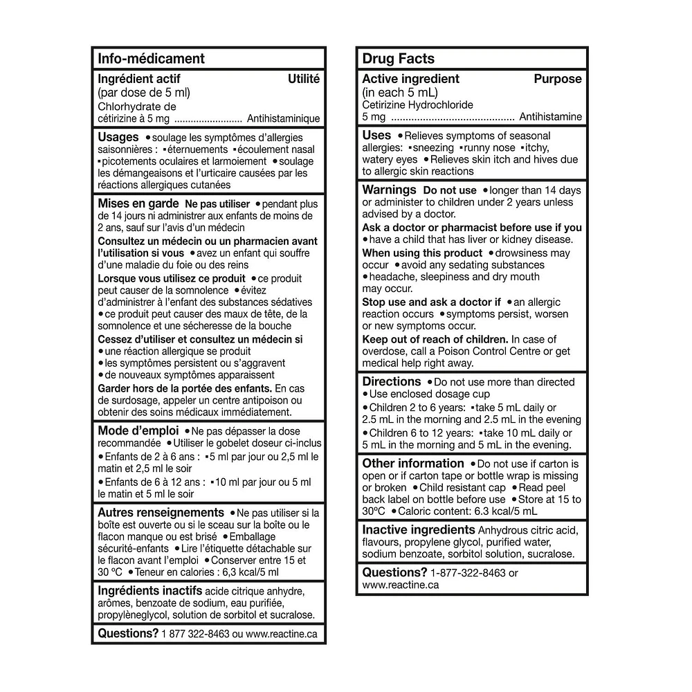 Reactine Enfants Médicament liquide pour les allergies, saveur de raisin, 5 mg 118 ml