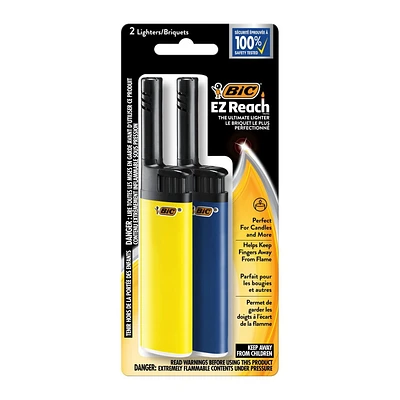 Allume-bougie BIC EZ Reach, le briquet ultime à tige plus longue pour allumer des grils (1,45 pouce), couleurs assorties, paquet de 2 briquets (les couleurs peuvent varier) Paquet de 2 briquets EZ Reach