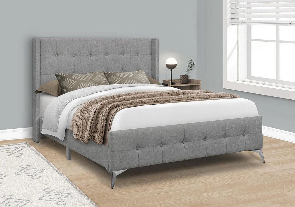 Monarch Specialties Bed, Queen Size, Platform, Bedroom, Frame, Upholstered, Linen Look, Metal Legs, Grey, Chrome, Transitional