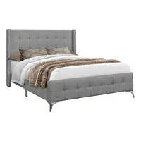 Monarch Specialties Bed, Queen Size, Platform, Bedroom, Frame, Upholstered, Linen Look, Metal Legs, Grey, Chrome, Transitional