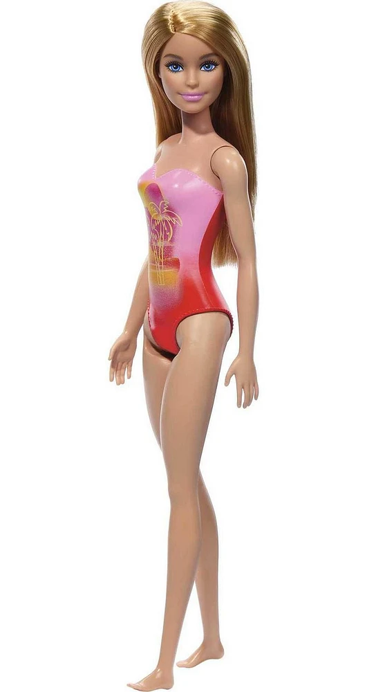 Beach Barbie Doll with Blond Hair Wearing Pink Palm Tree-Print Swimsuit, Ages 3+