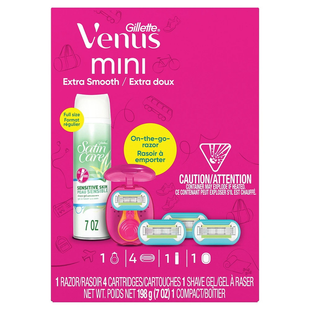 Gillette Venus Extra Smooth Mini Women's Razor Handle with Mini Case, 4 Blade Refills + Satin Care Sensitive Shave Gel, 0MX