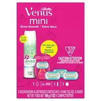 Gillette Venus Extra Smooth Mini Women's Razor Handle with Mini Case, 4 Blade Refills + Satin Care Sensitive Shave Gel, 0MX