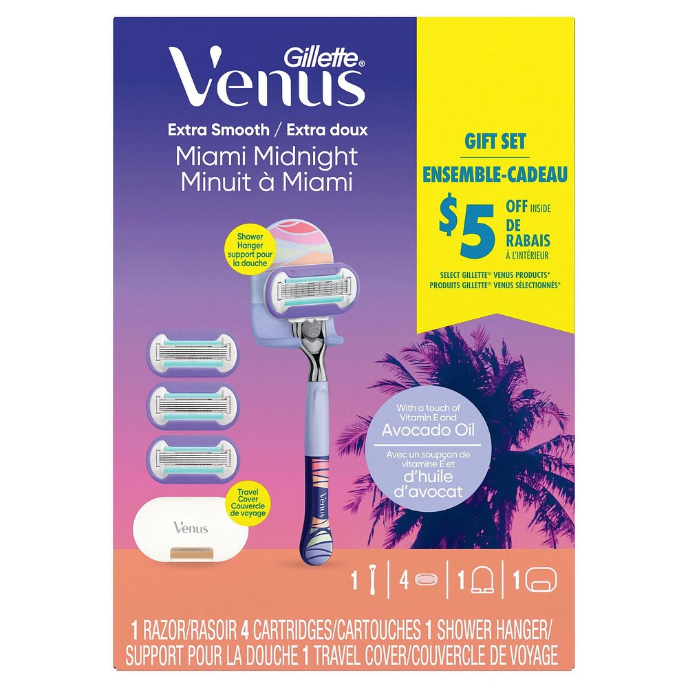 Venus Miami Midnight Razor Handle, 4 Refills, 1 Travel Cover, 1 Shower Hanger, 0MX