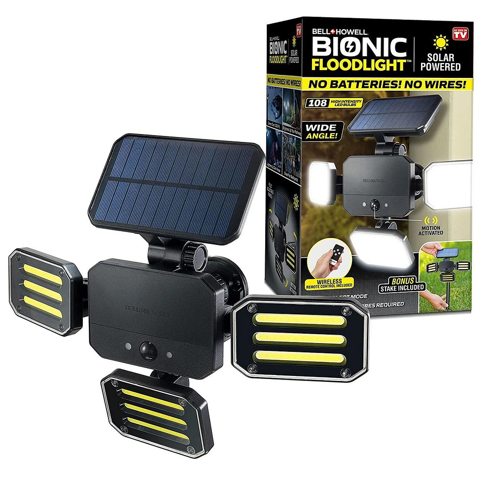 Bell + Howell Bionic Floodlight 180 Degrees Swiveling Light, Solar-Powered, Motion-Sensing, Outdoor/in All-Season w/ 108 High Power LED Bulbs in Adjustable Panels – Remote Control, Floodlight