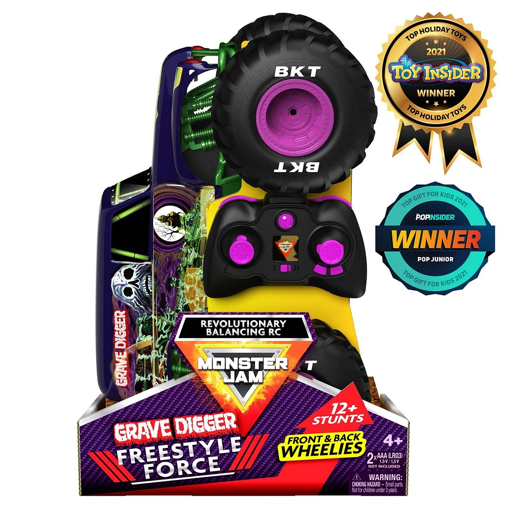 Monster Jam, Grave Digger Freestyle Force officiel, véhicule radiocommandé, jouets monster truck pour garçons, enfants et adultes, échelle 1:15