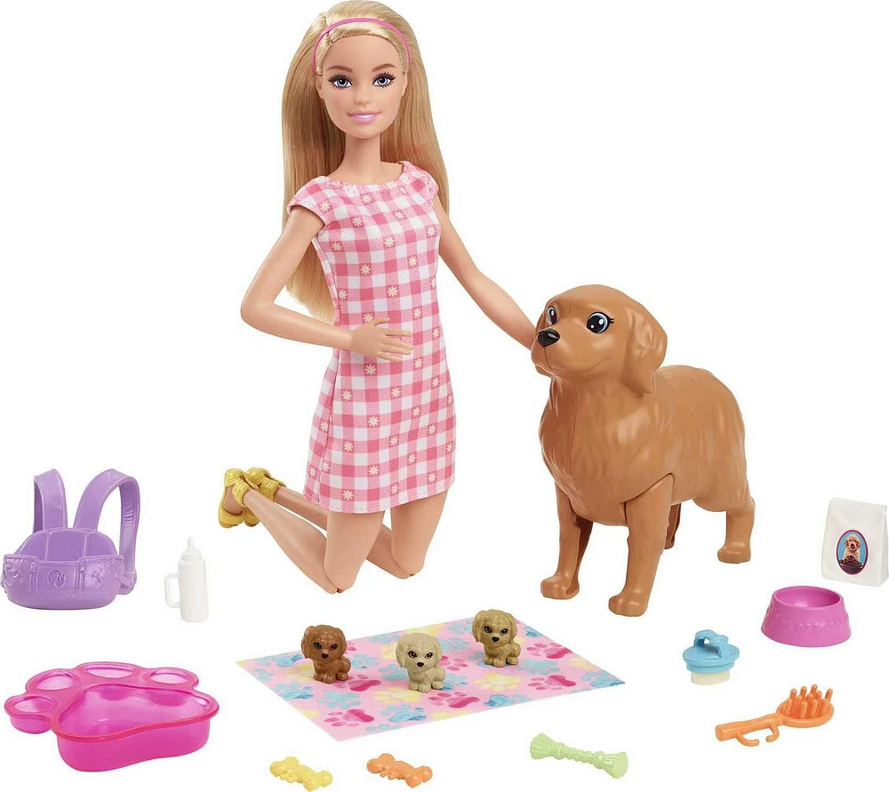 Barbie Doll and Newborn Pups Playset with Dog, 3 Puppies & Accessories, 3 to 7 Year Olds