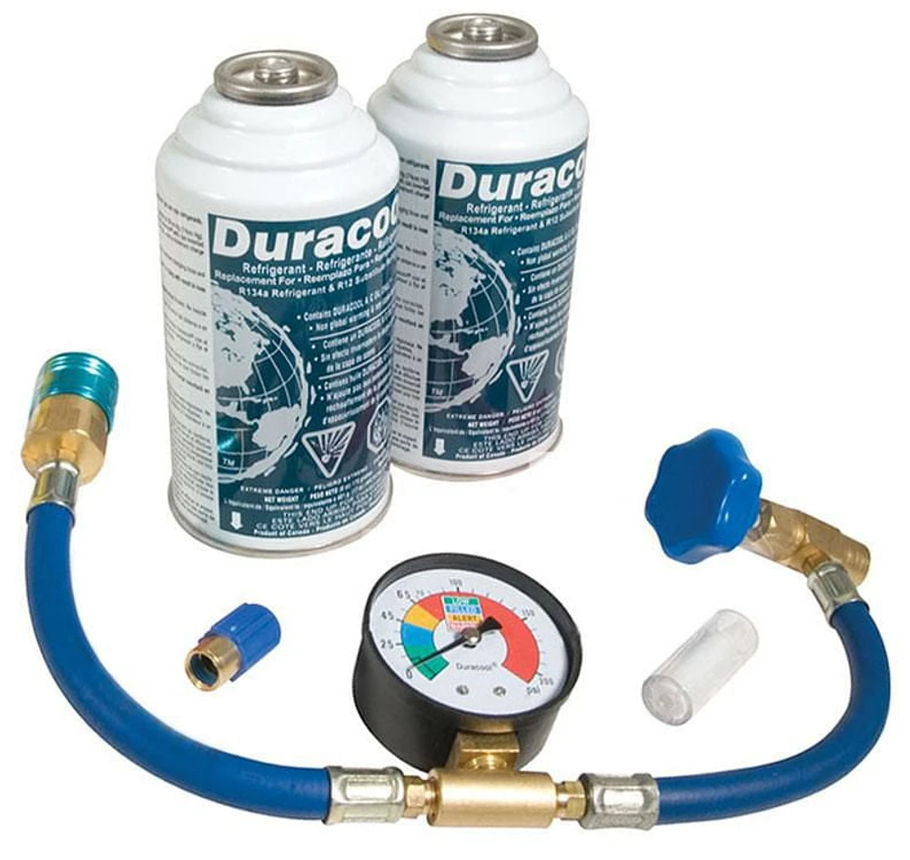 Duracool® 12a Super Refrigerant Recharge Kit, for R-134a mobile air-conditioning (A/C) Systems. Contains 2 Cans Refrigerant, Charging Hose with Pressure Gauge & Quick Connect, Vent Thermometer., A/C SUPER RECHGE. KIT LGE