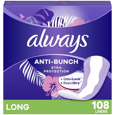 Always Anti-Bunch Xtra Protection Daily Liners, Long Length, Unscented