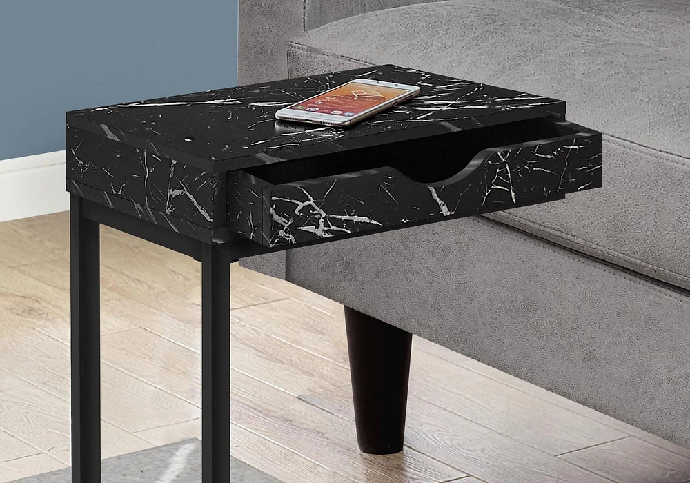 Monarch Specialties Accent Table, C-shaped, End, Side, Snack, Storage Drawer, Living Room, Bedroom, Metal, Laminate, Black Marble Look, Contemporary, Modern