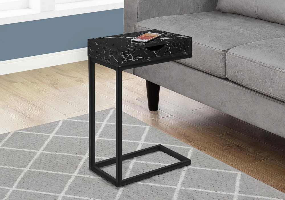 Monarch Specialties Accent Table, C-shaped, End, Side, Snack, Storage Drawer, Living Room, Bedroom, Metal, Laminate, Black Marble Look, Contemporary, Modern