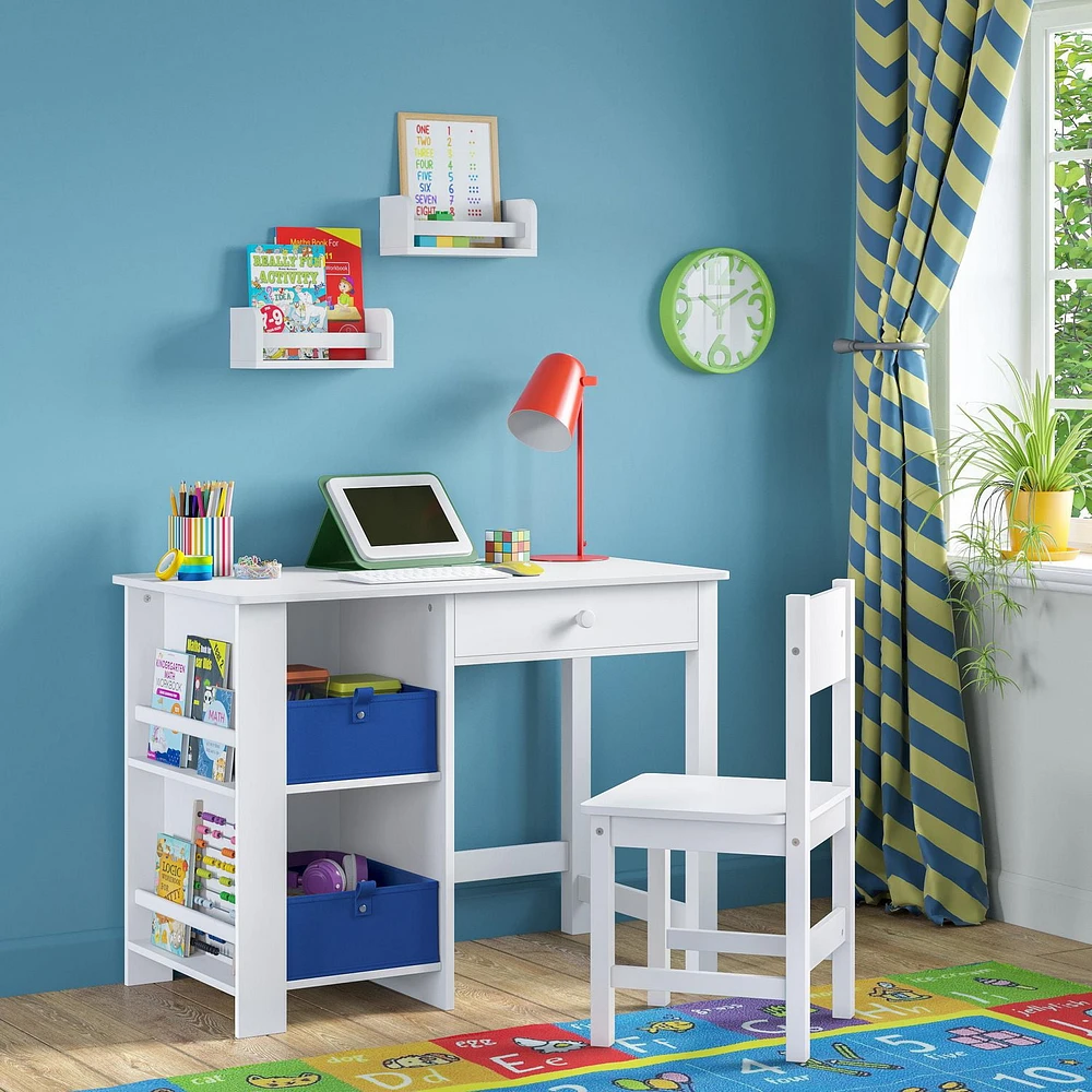 Kids Desk and Chair Set with Cubbies, Bookracks and 2 Bonus 10" Floating Bookshelves - White