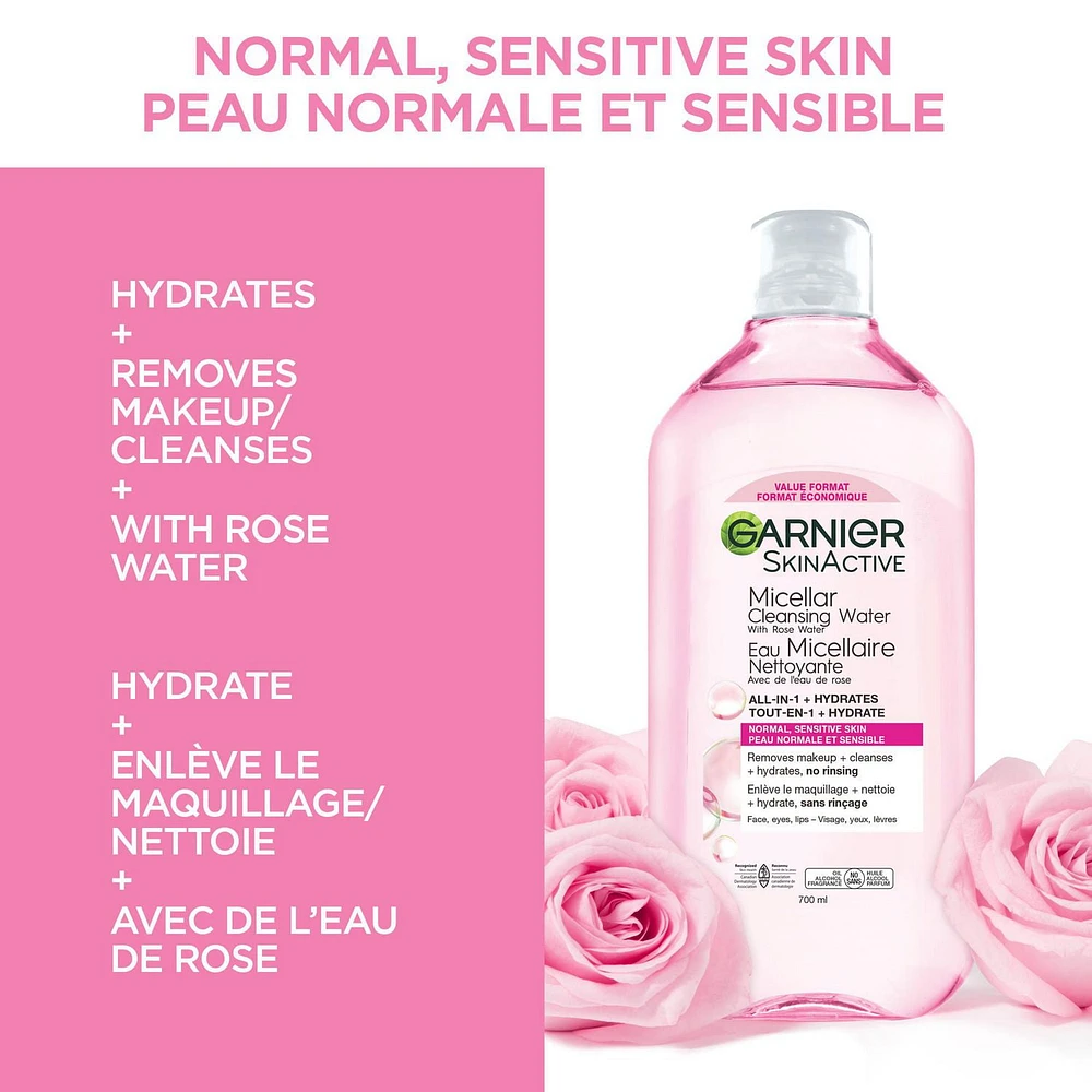 Garnier Micellar Water Makeup Remover All-In-One Cleanser With Rose Water, 700 mL