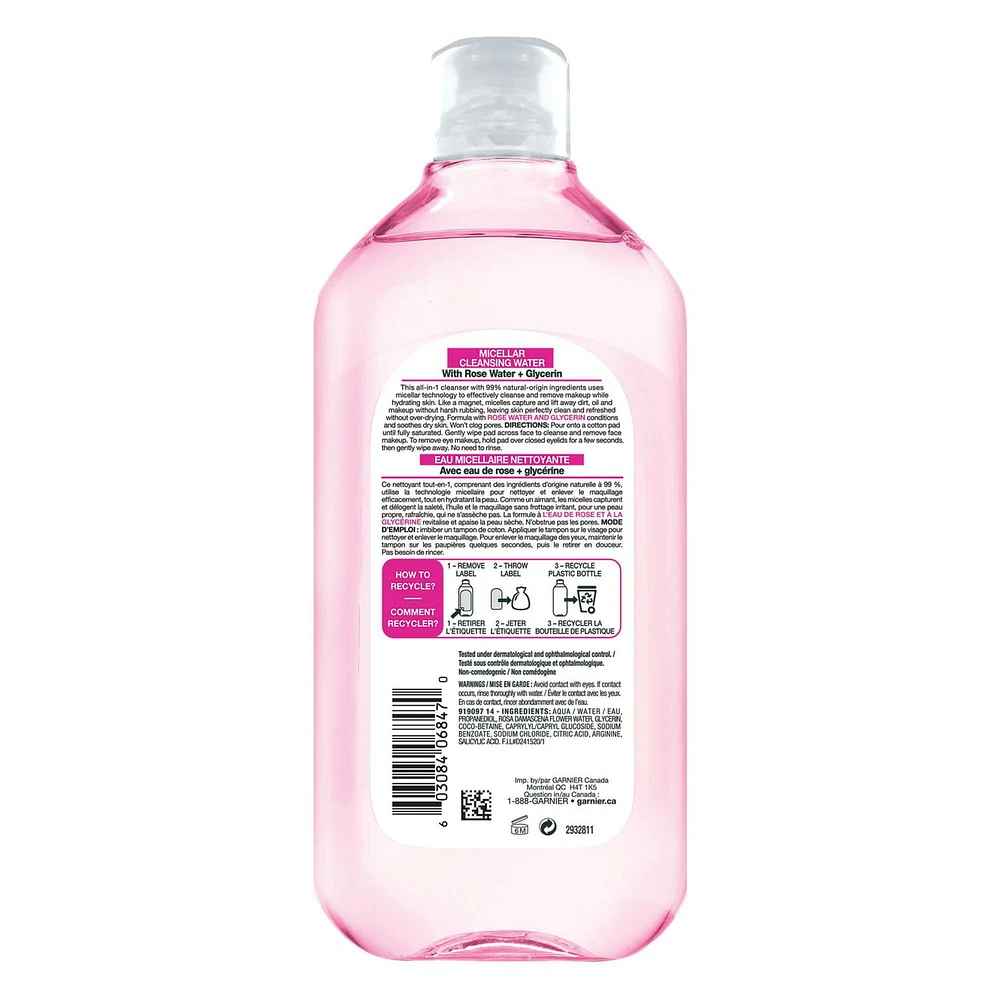 Garnier Micellar Water Makeup Remover All-In-One Cleanser With Rose Water, 700 mL