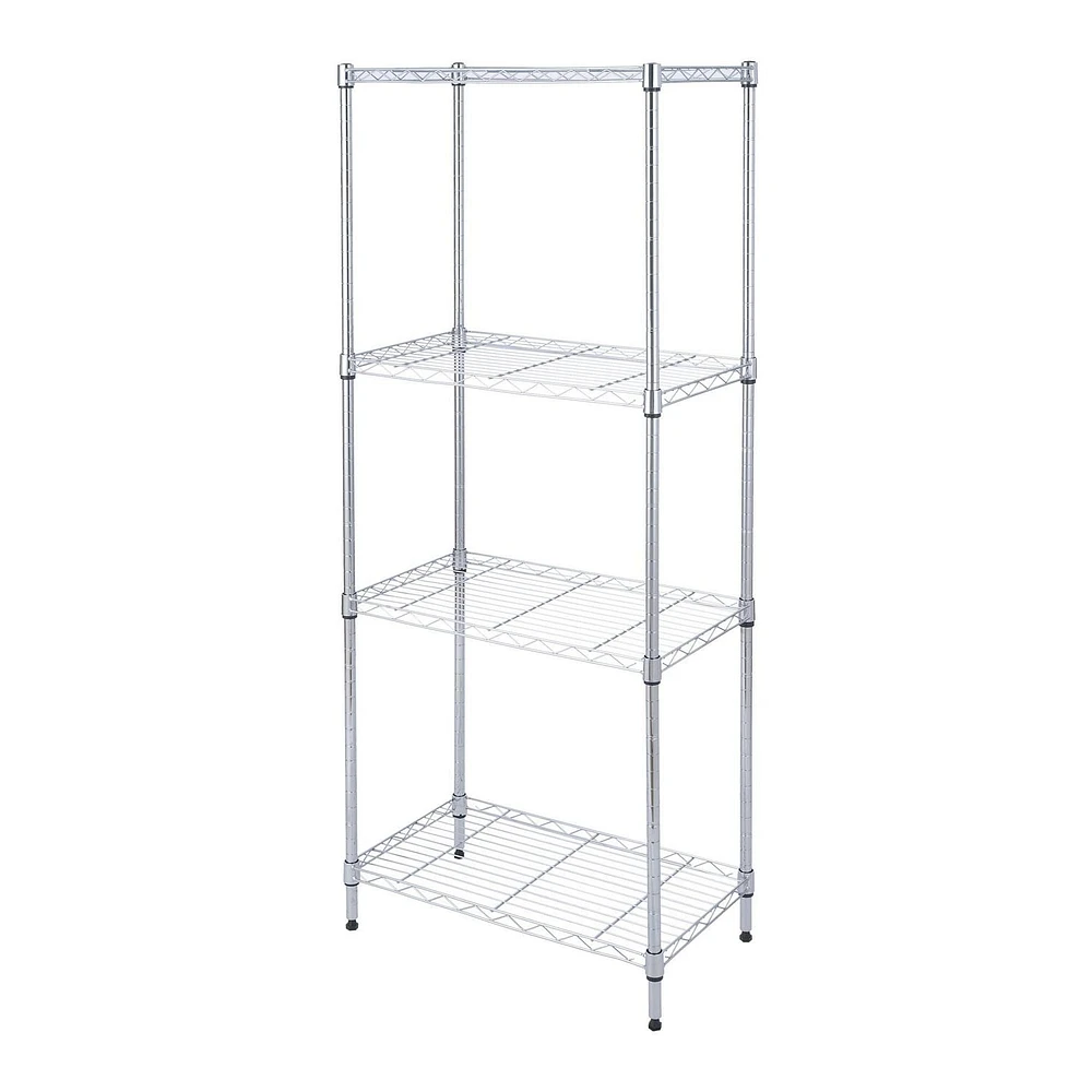 MAINSTAYS Étagère en fil métallique à 4 niveaux, support de rangement en métal, organisateur réglable, parfait pour le garde-manger, salle de bain, cuisine, organisation de placard, Style de taille étroite Taille du produit assemblé :58.42x33x137.16H cm; Finition: Chrome