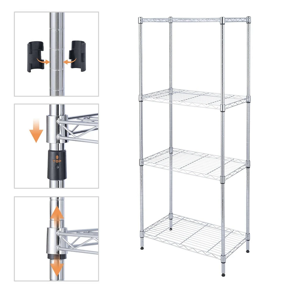MAINSTAYS Étagère en fil métallique à 4 niveaux, support de rangement en métal, organisateur réglable, parfait pour le garde-manger, salle de bain, cuisine, organisation de placard, Style de taille étroite Taille du produit assemblé :58.42x33x137.16H cm; Finition: Chrome