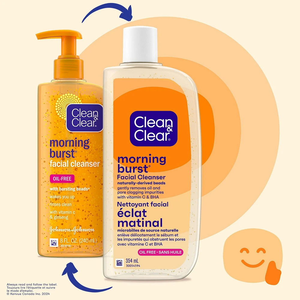Nettoyant facial Morning Burst sans huile Clean & Clear avec vitamine C et BHA, nettoyant nourrissant quotidien pour le visage nettoie en douceur pour éliminer le sébum et les impuretés qui obstruent les pores 354 ml