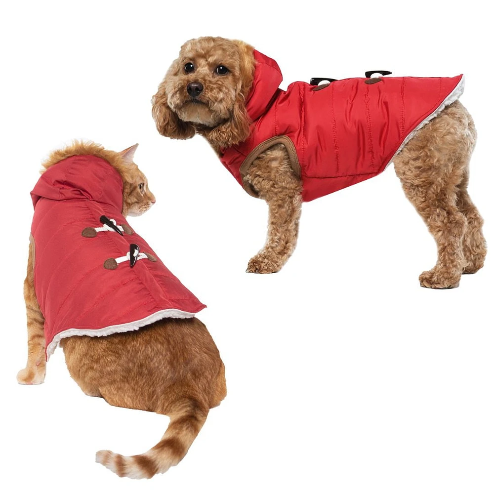 Holiday Time Dog Clothes: Hooded Jacket for Fall & Winter, Red with Faux Toggles