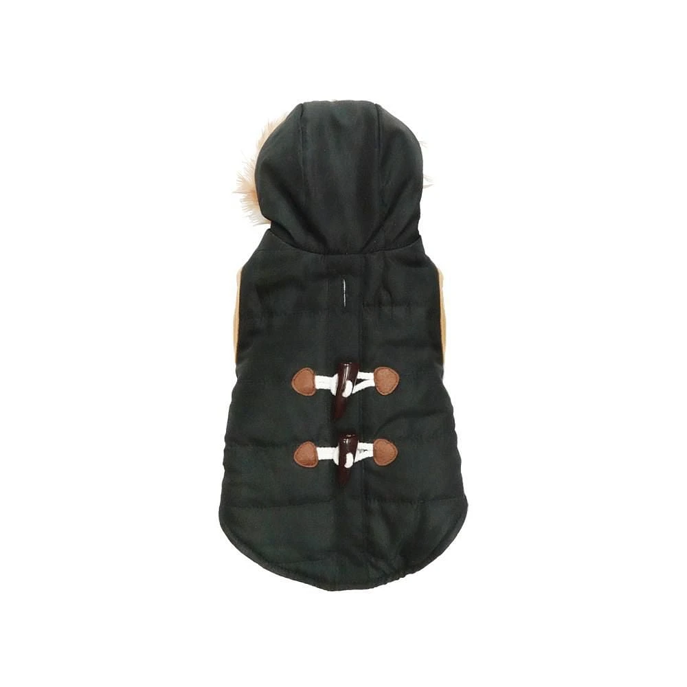 Holiday Time Vêtements pour chiens : Veste à capuche pour l'automne et l'hiver, noir avec fausses boutons, taille XS-XL Accès intégré pour une laisse au
