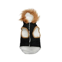 Holiday Time Vêtements pour chiens : Veste à capuche pour l'automne et l'hiver, noir avec fausses boutons, taille XS-XL Accès intégré pour une laisse au