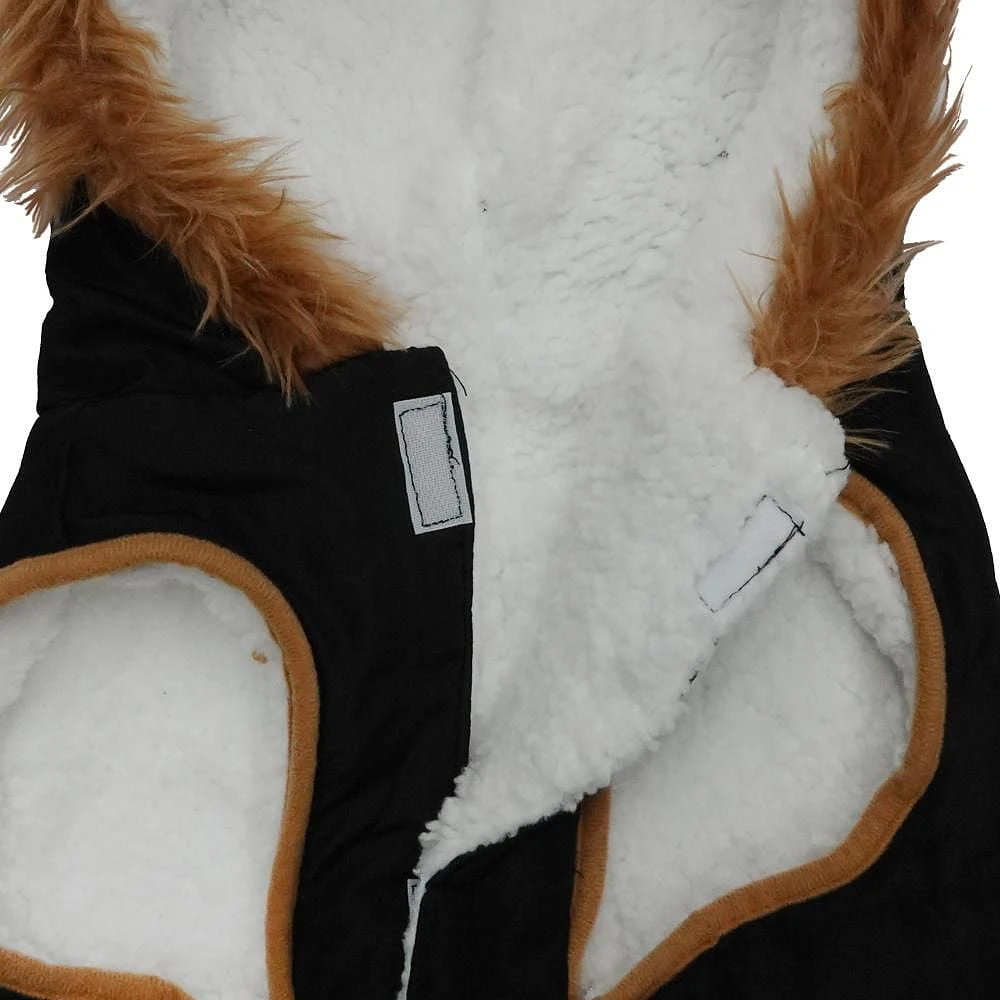 Holiday Time Vêtements pour chiens : Veste à capuche pour l'automne et l'hiver, noir avec fausses boutons, taille XS-XL