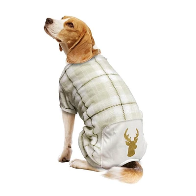 Way to Celebrate Vêtements pour chiens: Pyjama en molleton pour chiens, carreaux ivoire avec une sérigraphie scintillante de renne, taille XS-XL
