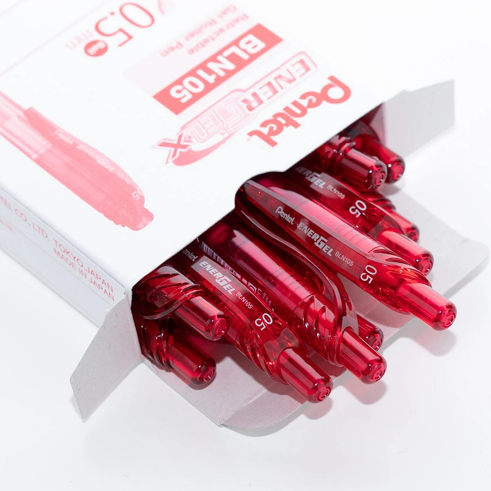 Pentel EnerGel X Retractable Liquid Gel Rollerball Pen, 0.5mm Fine Needle Point, Red Ink, Box of 12