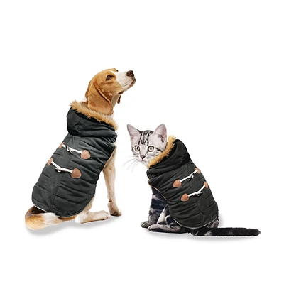Holiday Time Vêtements pour chiens : Veste à capuche pour l'automne et l'hiver, noir avec fausses boutons, taille XS-XL