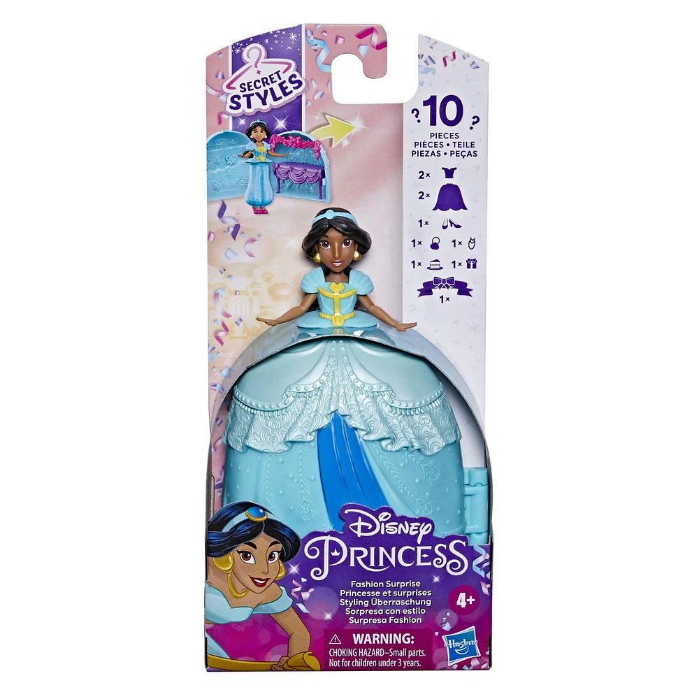 Disney Princesses Secret Styles, Princesse et surprises Jasmine, mini-poupée avec tenues et accessoires supplémentaires, pour enfants, dès 4 ans